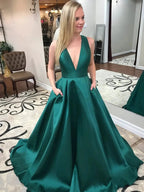 A-line V Neck Open Back Satin Long Prom Dresses with Pocket Green Formal Evening Gowns by BIZTUNNEL