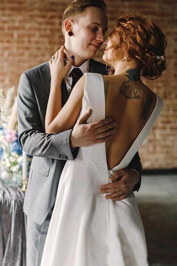 A Line V Neck Open Back Satin Long Wedding Dresses with Pockets WD005 by pgmdress