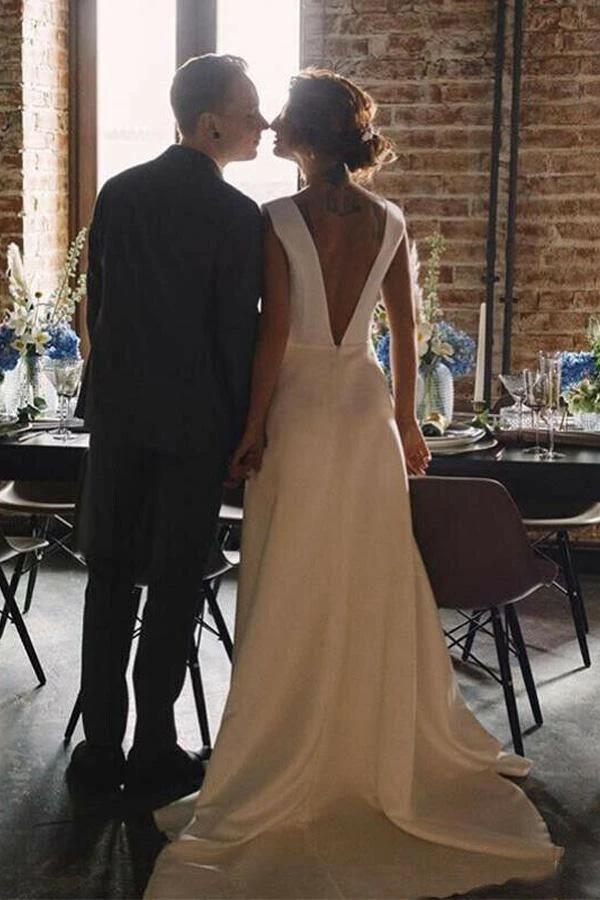 A Line V Neck Open Back Satin Long Wedding Dresses with Pockets WD005 by pgmdress
