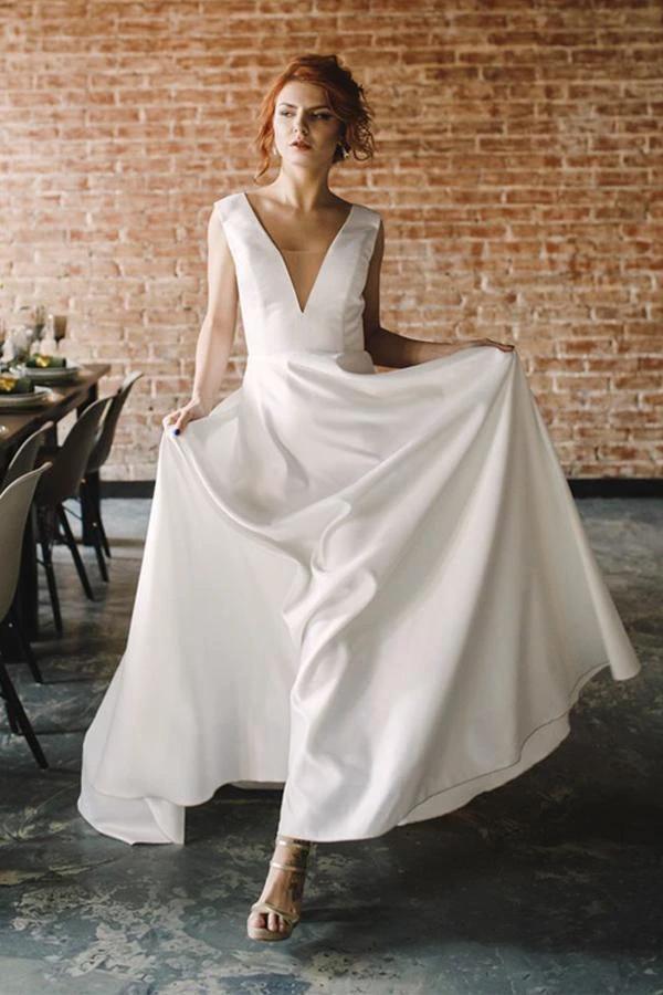 A Line V Neck Open Back Satin Long Wedding Dresses with Pockets WD005 by pgmdress