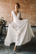 A Line V Neck Open Back Satin Long Wedding Dresses with Pockets WD005 by pgmdress