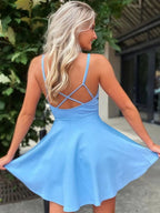 A-line V Neck Open Back Short Prom Dresses Backless Satin Homecoming Dresses by BIZTUNNEL