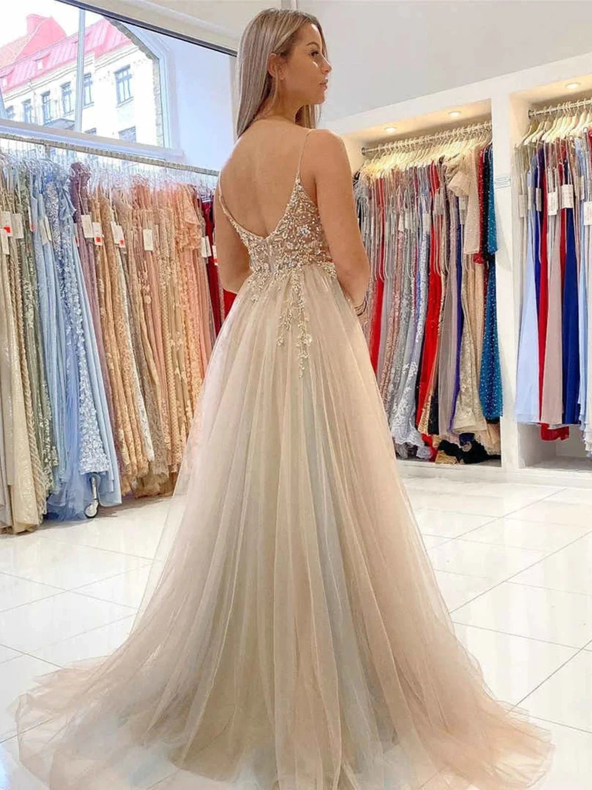 A-line V Neck Open Back Tulle Beaded Long Prom Dress with High Slit Gray Formal Evening Gowns by BIZTUNNEL