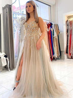 A-line V Neck Open Back Tulle Beaded Long Prom Dress with High Slit Gray Formal Evening Gowns by BIZTUNNEL