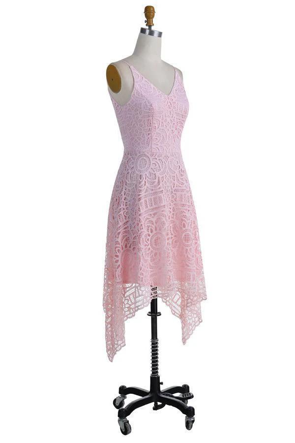 A-Line V-Neck Pearl Pink Lace Bridesmaid/Prom/Homecoming Dress BD053 by pgmdress