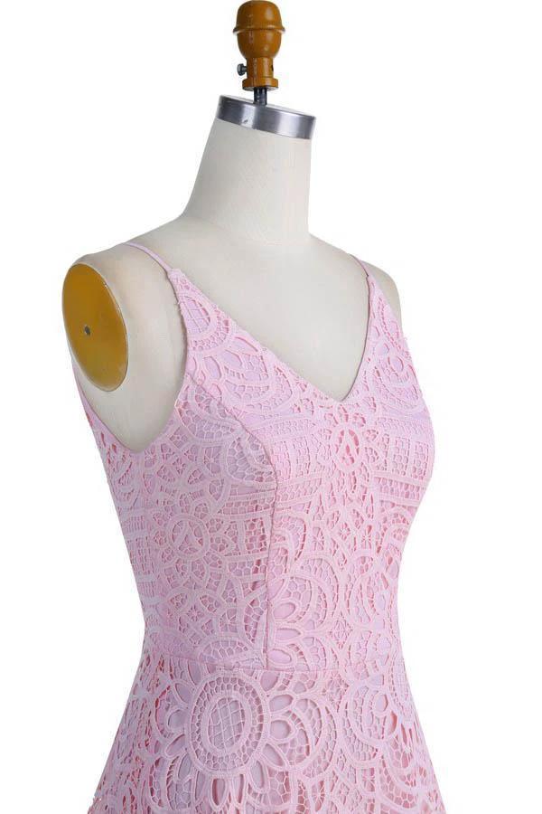 A-Line V-Neck Pearl Pink Lace Bridesmaid/Prom/Homecoming Dress BD053 by pgmdress