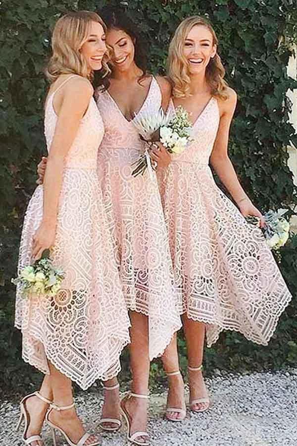 A-Line V-Neck Pearl Pink Lace Bridesmaid/Prom/Homecoming Dress BD053 by pgmdress