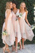 A-Line V-Neck Pearl Pink Lace Bridesmaid/Prom/Homecoming Dress BD053 by pgmdress