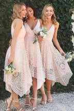 A-Line V-Neck Pearl Pink Lace Bridesmaid/Prom/Homecoming Dress BD053 by pgmdress