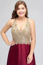 A-Line V-neck Plus size Long Sleeveless Evening Dresses with Appliques by misshow.com