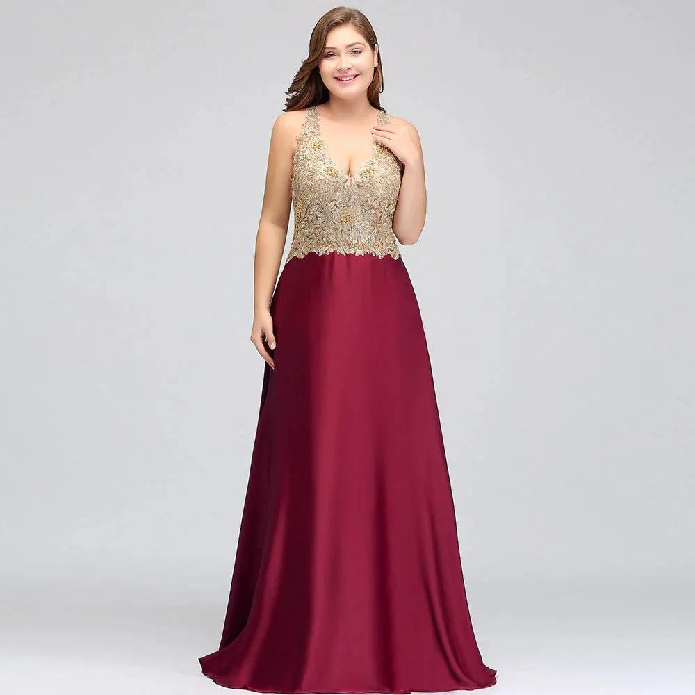 A-Line V-neck Plus size Long Sleeveless Evening Dresses with Appliques by misshow.com