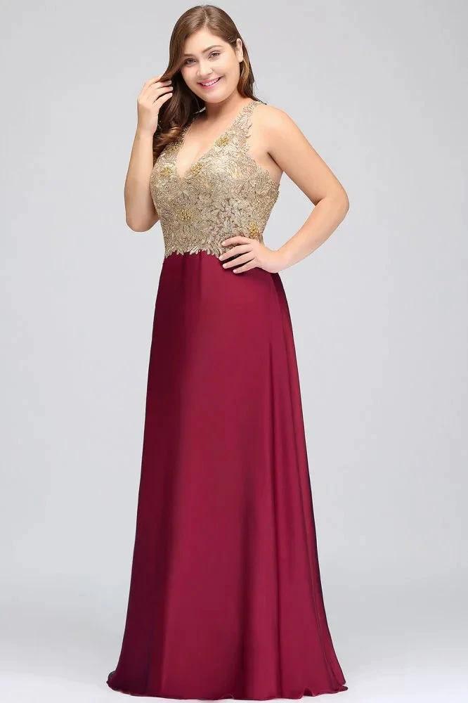 A-Line V-neck Plus size Long Sleeveless Evening Dresses with Appliques by misshow.com