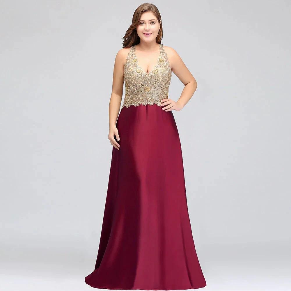 A-Line V-neck Plus size Long Sleeveless Evening Dresses with Appliques by misshow.com