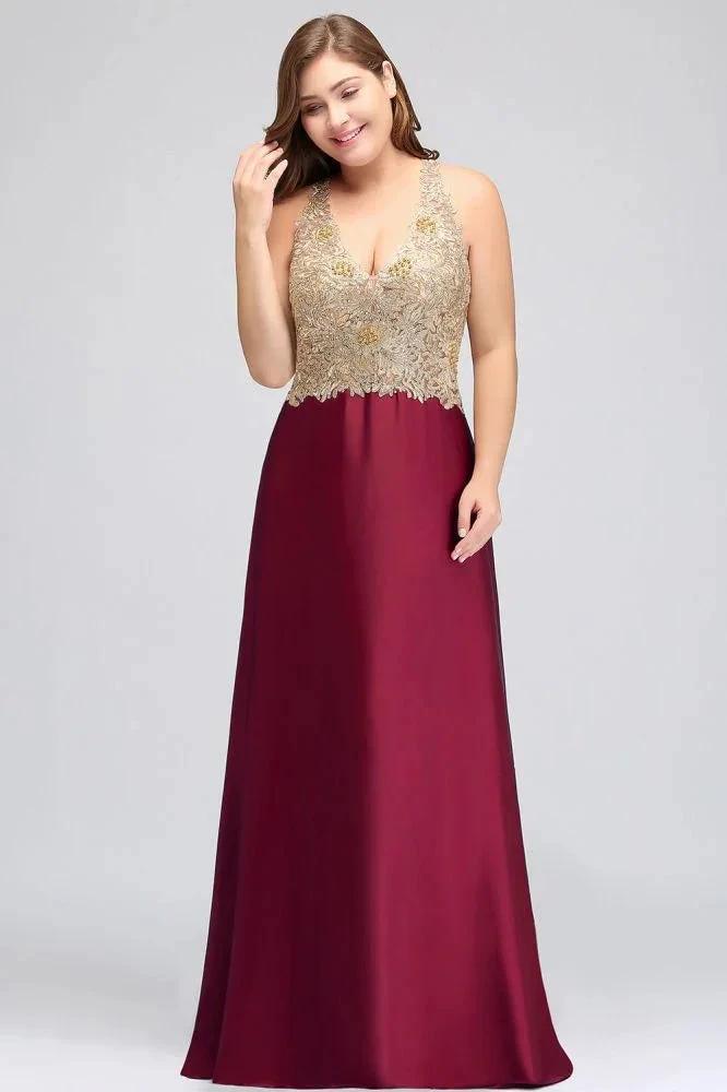 A-Line V-neck Plus size Long Sleeveless Evening Dresses with Appliques by misshow.com