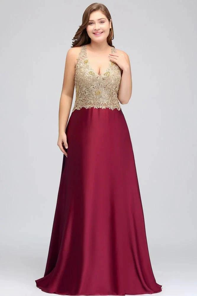 A-Line V-neck Plus size Long Sleeveless Evening Dresses with Appliques by misshow.com