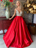 A-line V Neck Satin Beading Long Prom Dresses Red Formal Party Gowns by BIZTUNNEL