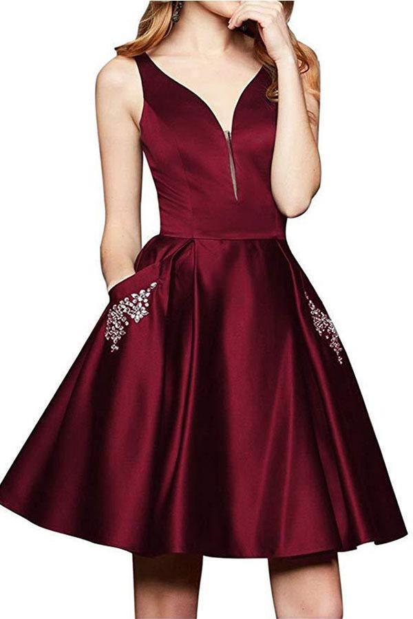 A Line V Neck Satin Burgundy Beaded Homecoming Dresses with Pockets  PD262 Hover Image