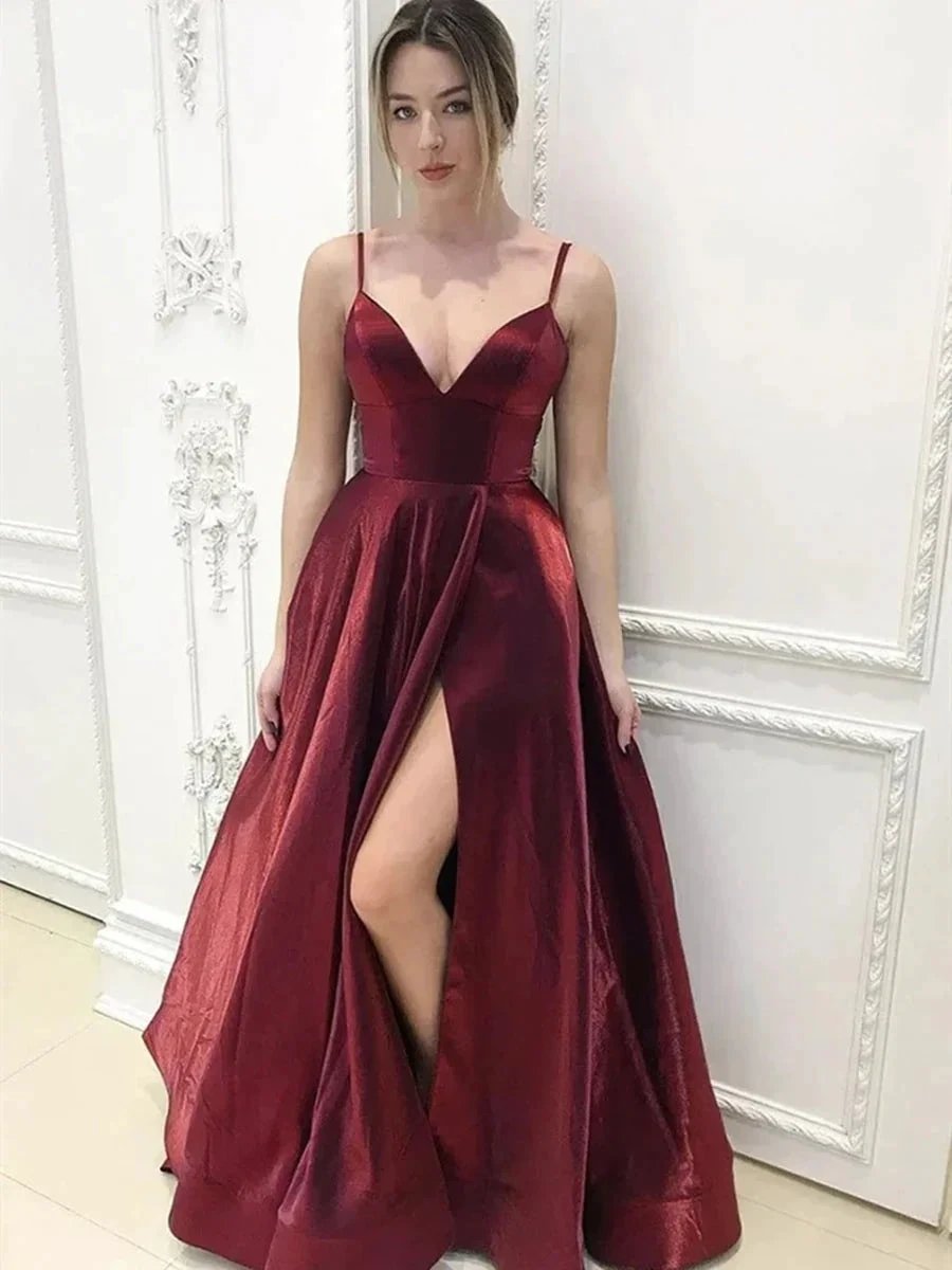A Line V Neck Satin Long Formal Graduation Evening Prom Dresses with High Slit by BIZTUNNEL