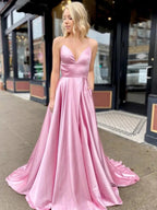 A Line V Neck Satin Long Prom Dresses with High Slit Backless Formal Gowns with Pocket by BIZTUNNEL