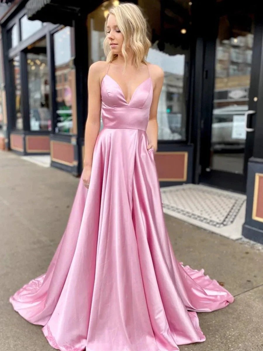 A Line V Neck Satin Long Prom Dresses with High Slit Backless Formal Gowns with Pocket by BIZTUNNEL