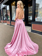 A Line V Neck Satin Long Prom Dresses with High Slit Backless Formal Gowns with Pocket by BIZTUNNEL