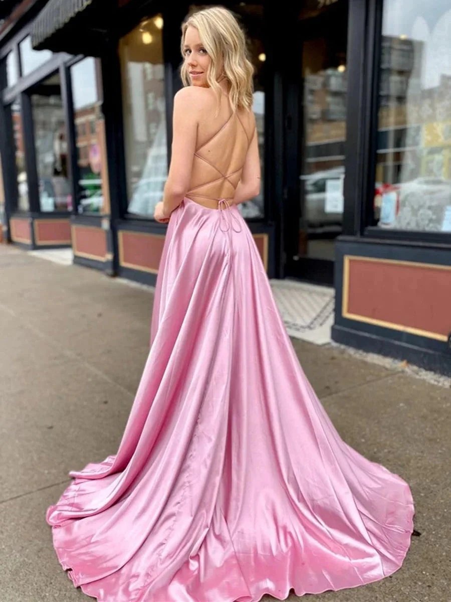 A Line V Neck Satin Long Prom Dresses with High Slit Backless Formal Gowns with Pocket by BIZTUNNEL