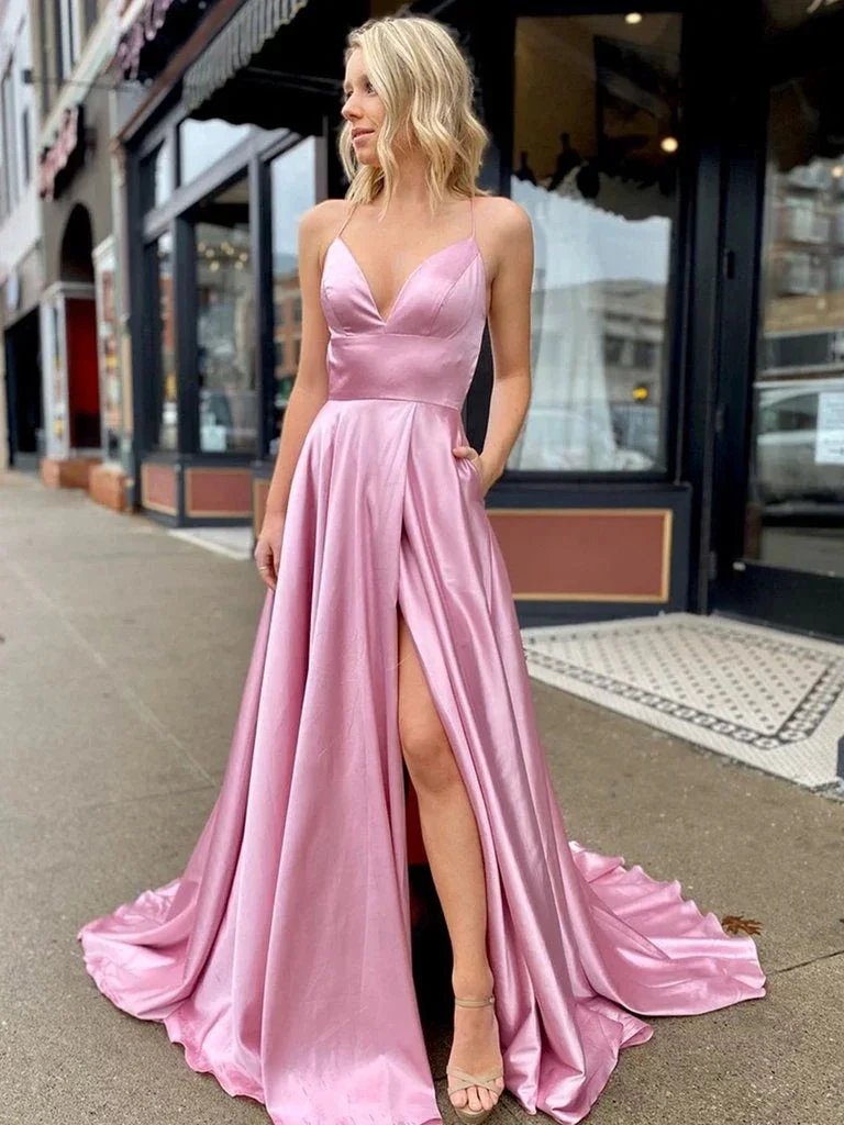 A Line V Neck Satin Long Prom Dresses with High Slit Backless Formal Gowns with Pocket by BIZTUNNEL