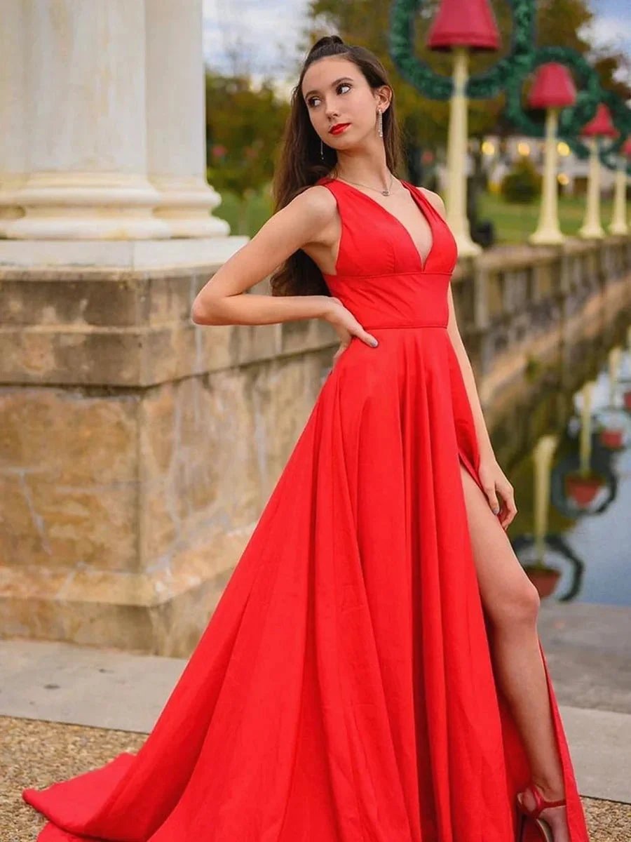 A Line V Neck Satin Long Prom Dresses with High Slit Red Formal Evening Gowns by BIZTUNNEL