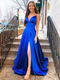 A Line V Neck Satin Long Prom Dresses with Hihg Split Royal Blue Formal Evening Gowns by BIZTUNNEL