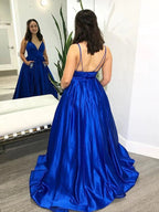 A-line V Neck Satin Long Prom Dresses with Pockets Royal Blue Backless Formal Evening Gowns by BIZTUNNEL