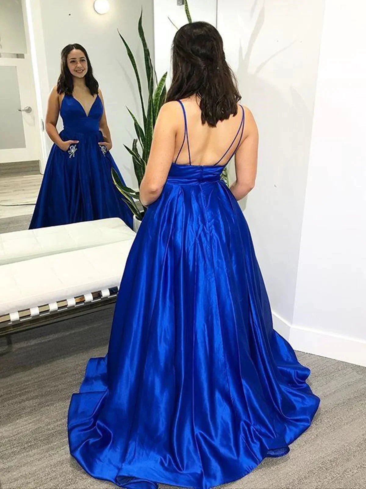 A-line V Neck Satin Long Prom Dresses with Pockets Royal Blue Backless Formal Evening Gowns by BIZTUNNEL