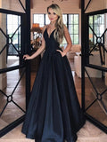 A-line V Neck Satin Long Prom Dresses with Pockets Simple Black Formal Graduation Evening Gowns by BIZTUNNEL