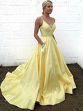 A-line V Neck Satin Long Prom Dresses with Pockets Yellow Formal Evening Gowns by BIZTUNNEL