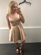 A-line V Neck Satin Short Prom Dresses with Pockets Champagne Homecoming Dresses by BIZTUNNEL