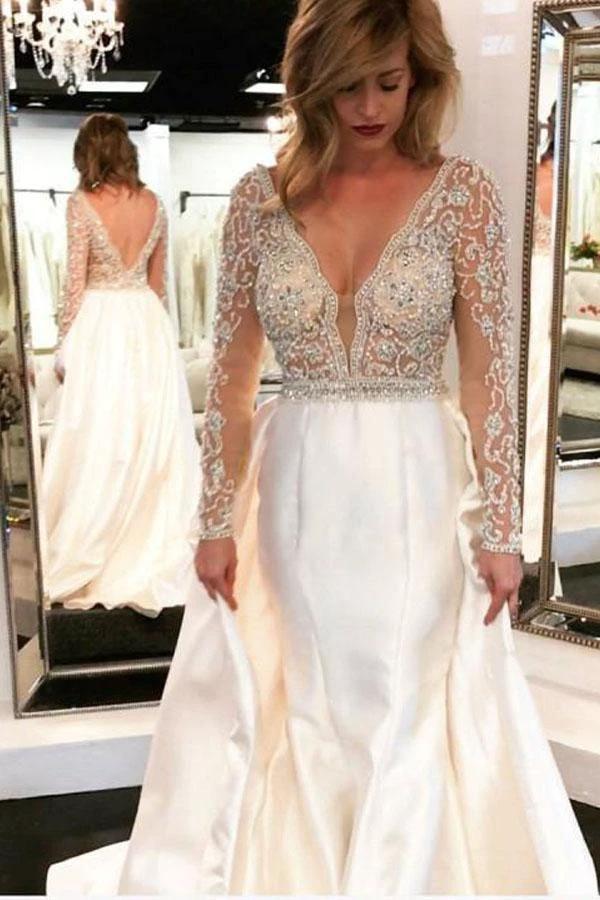 A-line V-neck See Through Bodice Beaded Long Sleeves Wedding Dresses WD454 by pgmdress