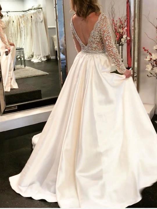 A-line V-neck See Through Bodice Beaded Long Sleeves Wedding Dresses WD454 by pgmdress
