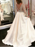 A-line V-neck See Through Bodice Beaded Long Sleeves Wedding Dresses WD454 by pgmdress