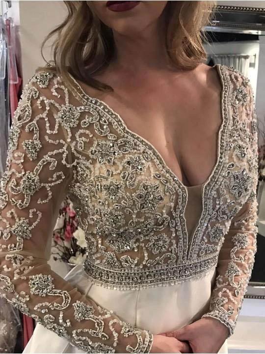 A-line V-neck See Through Bodice Beaded Long Sleeves Wedding Dresses WD454 by pgmdress