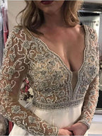 A-line V-neck See Through Bodice Beaded Long Sleeves Wedding Dresses WD454 by pgmdress