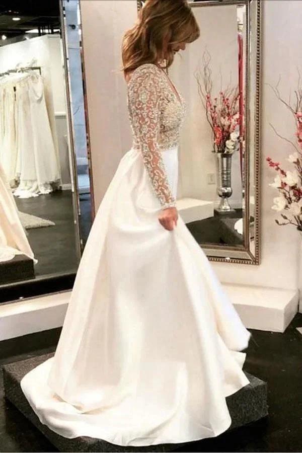 A-line V-neck See Through Bodice Beaded Long Sleeves Wedding Dresses WD454 by pgmdress