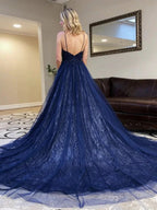 A-line V Neck Sequins Backless Tulle Long Prom Dresses Dark Navy Formal Evening Gowns by BIZTUNNEL