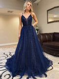 A-line V Neck Sequins Backless Tulle Long Prom Dresses Dark Navy Formal Evening Gowns by BIZTUNNEL