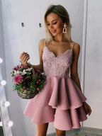 A Line V Neck Short Lace Satin Prom Formal Homecoming Dresses by BIZTUNNEL