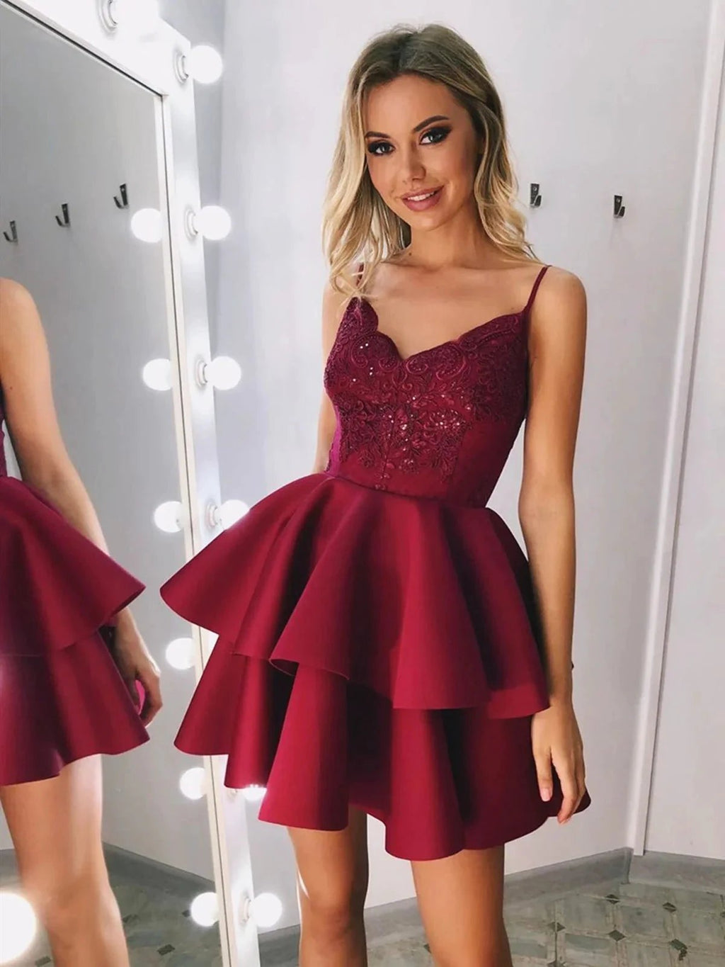 A Line V Neck Short Lace Satin Prom Formal Homecoming Dresses by BIZTUNNEL