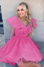 A Line V Neck Organza Ruffles Homecoming Dress by KissProm