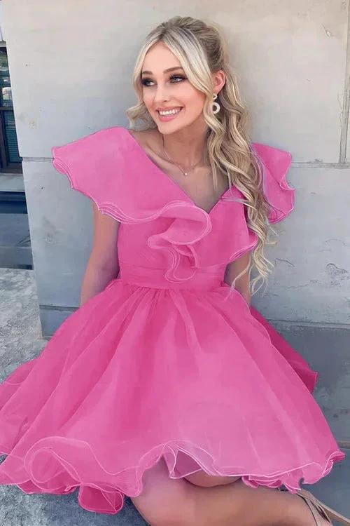A Line V Neck Organza Ruffles Homecoming Dress by KissProm