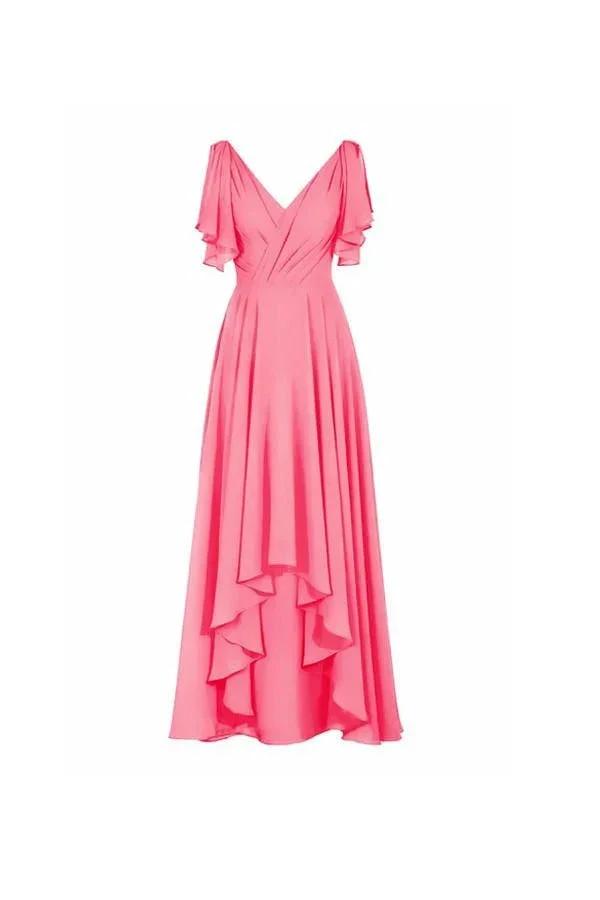 A-line V-neck Short Sleeves Floor Length Chiffon Bridesmaid Dress BD014 by pgmdress