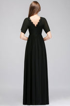 A-line V-neck Short Sleeves Long Black Chiffon Bridesmaid Dress