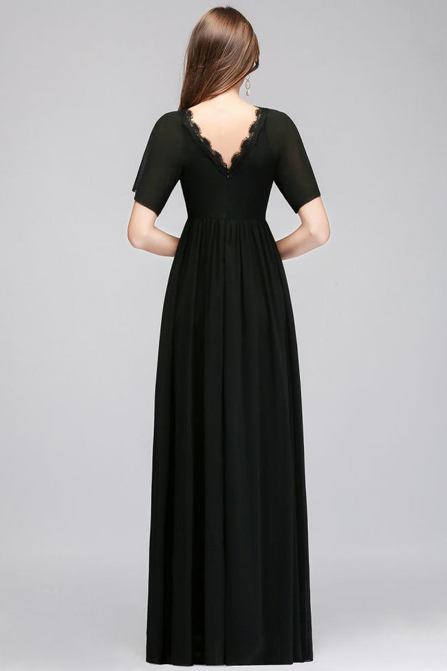 A-line V-neck Short Sleeves Long Black Chiffon Bridesmaid Dress Main Image