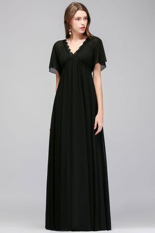 Vestido largo de dama de honor de gasa negra con escote en V y mangas cortas